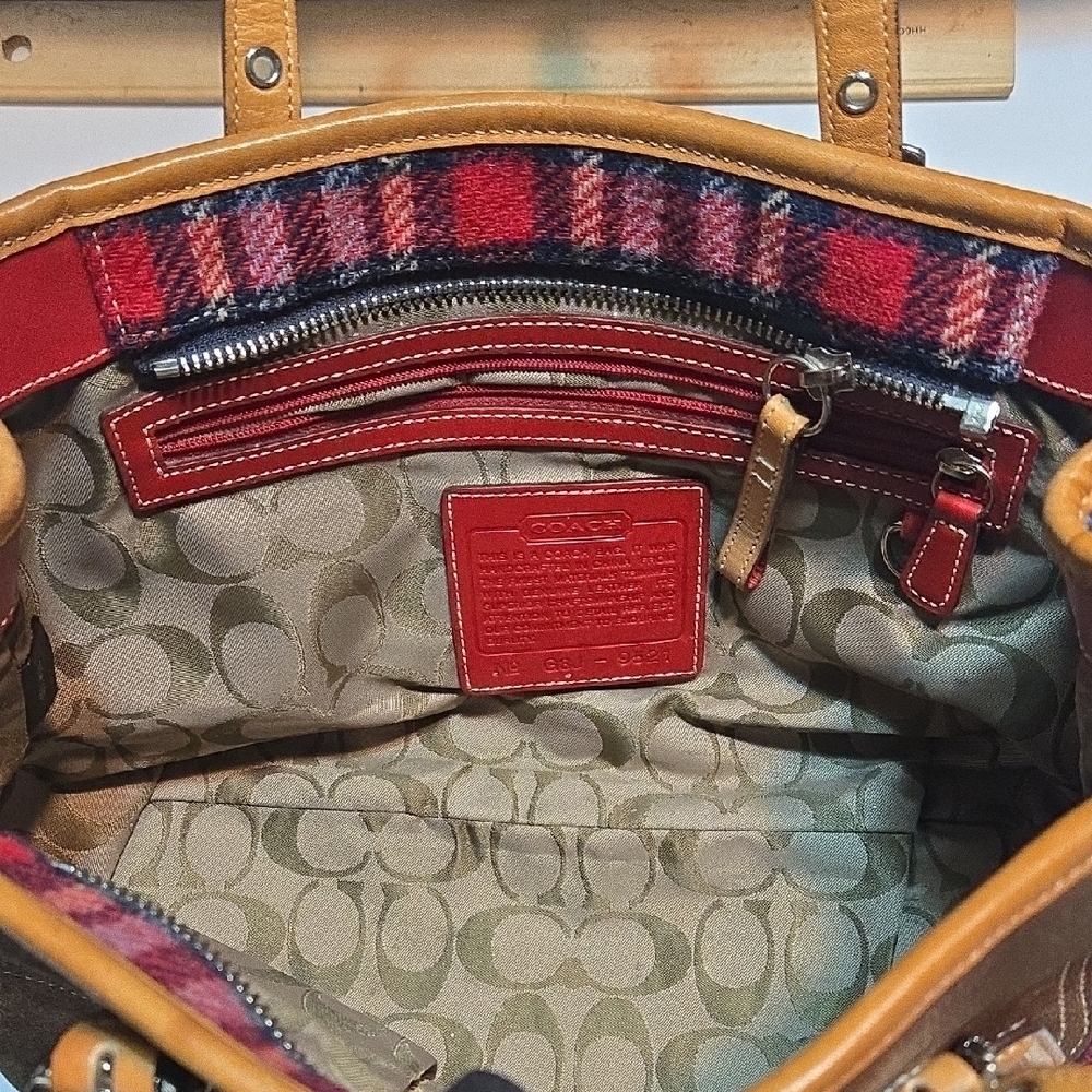 Coach Plaid Tote with Red and Brown Leather - Picture 12 of 16